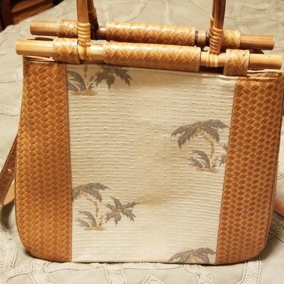 • Vtg. Brahmin woven straw bamboo handled canvas palm tree bag • - Picture 2 of 9